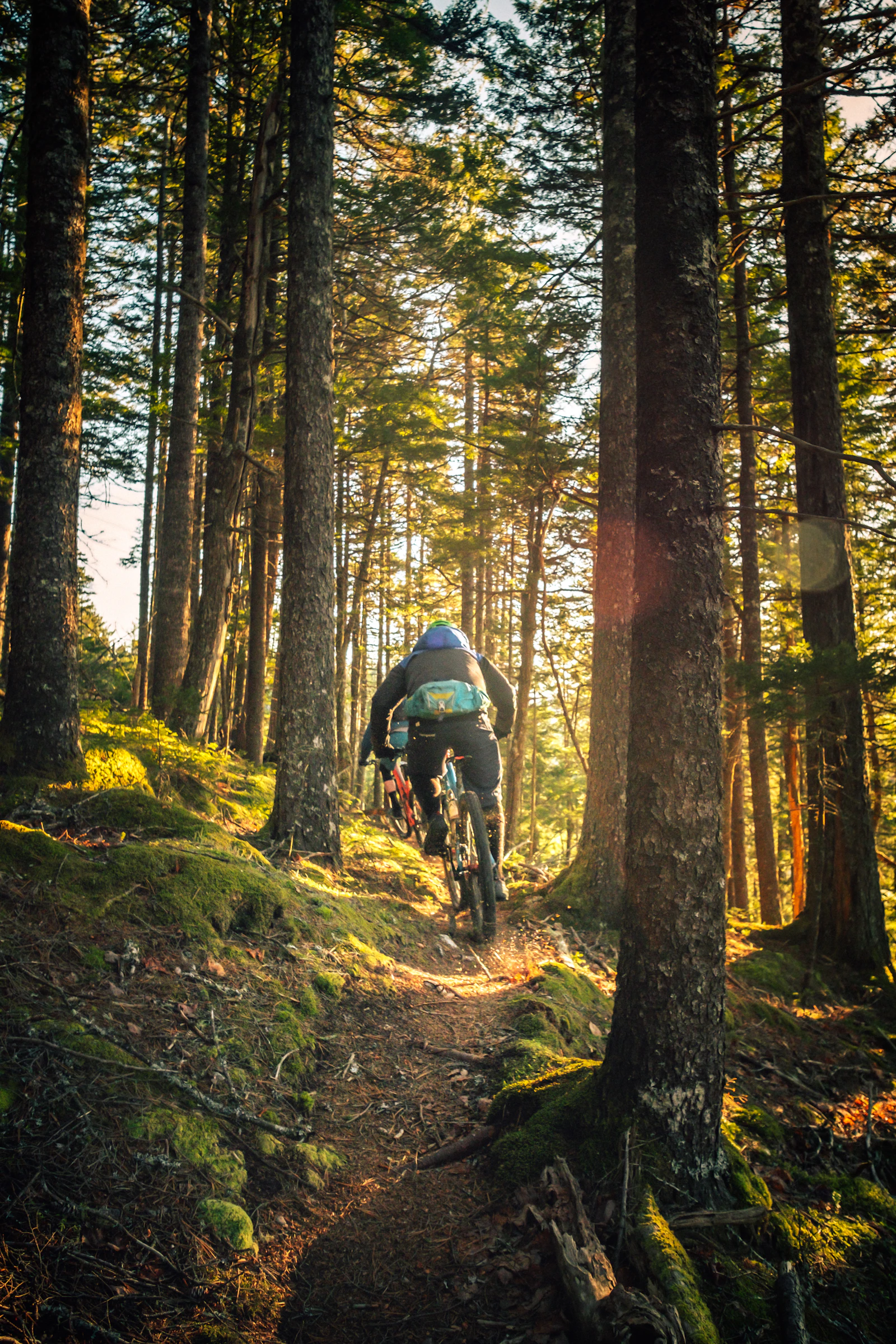 Rider en sendero de montaña al atardecer
